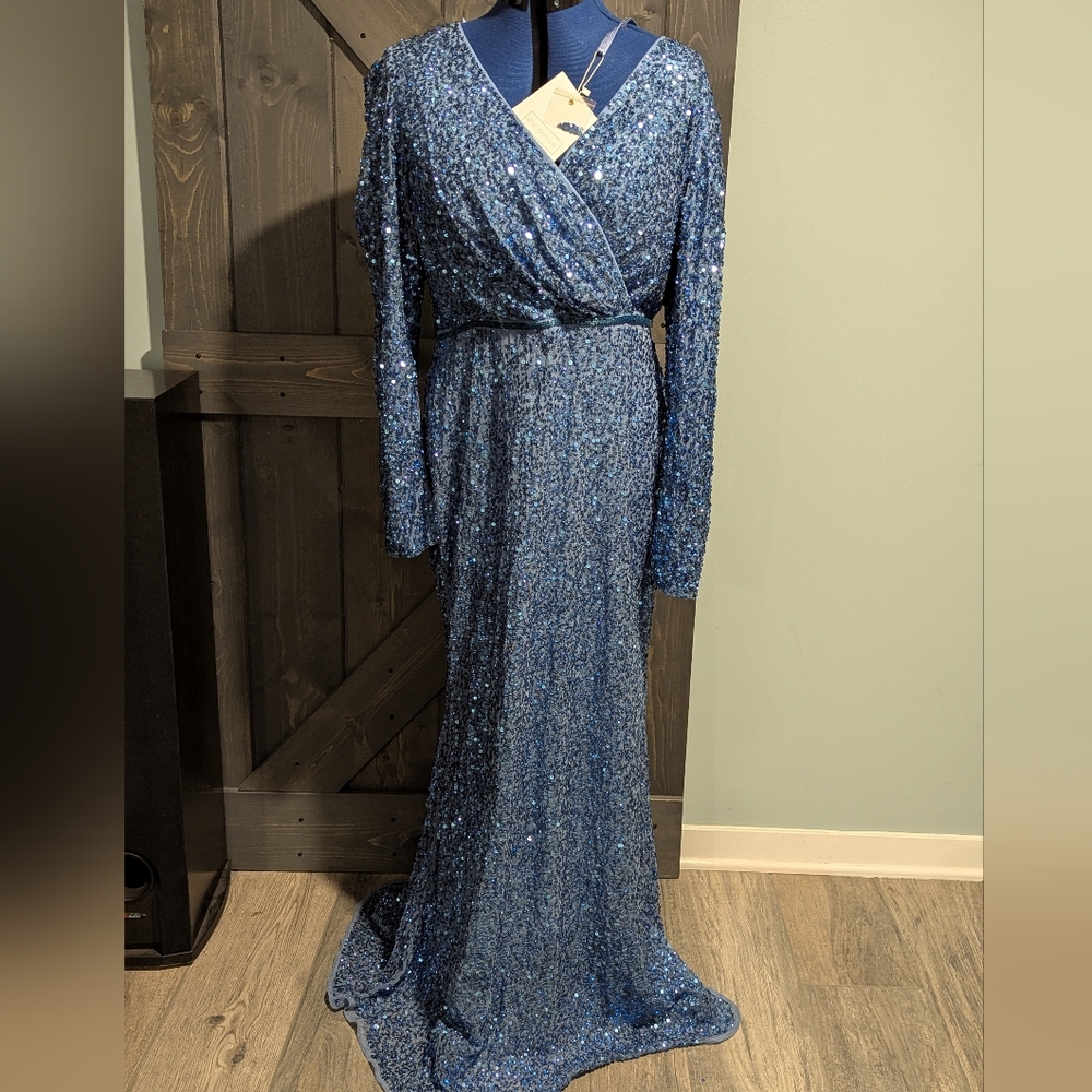 Mac Duggal Sparkling Blue Long Sleeve Dress 1510